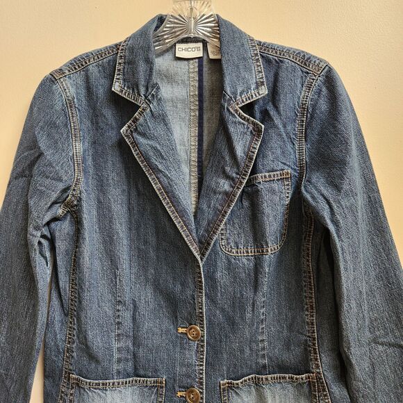 Jean Jacket Women's 0 Blue Denim Distressed Pockets Retro Boho Hippie Chico's - Picture 2 of 13